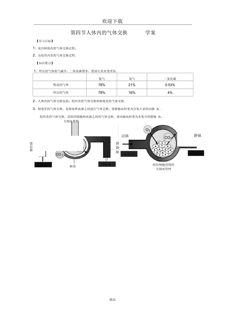 (生物苏教版)七年级下册学案：4.10.4人体内的气体交换_第1页
