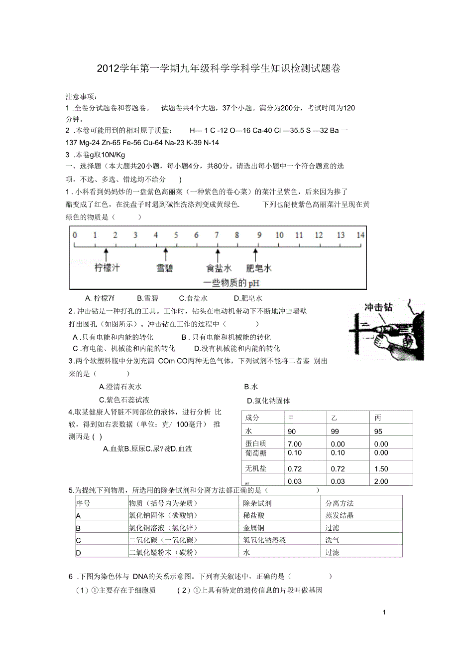 浙江省绍兴市2012学年九年级科学第一学期学生知识检测试题卷_第1页