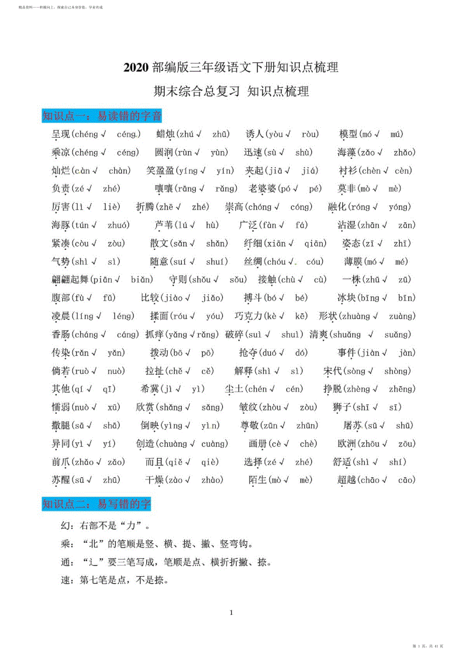 2021人教册三年级语文超详细下册期末知识点梳理;期末总复习（打印版）_第1页