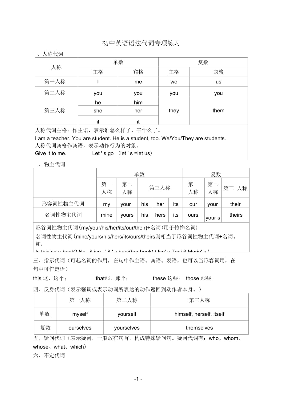 初中英语代词讲解与专项练习(二)_第1页