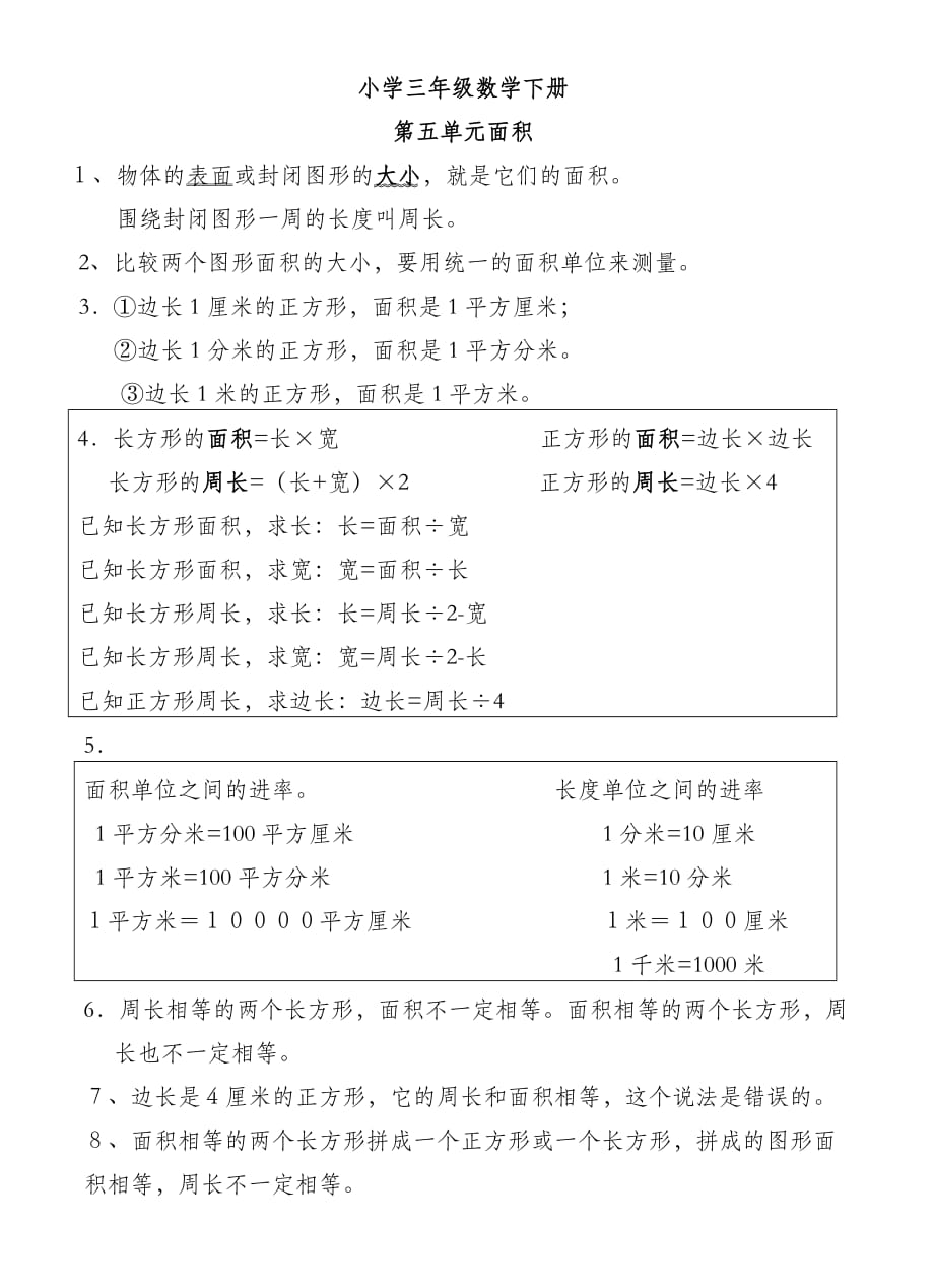 小学三年级数学下册第五单元面积复习提纲(总1页)_第1页