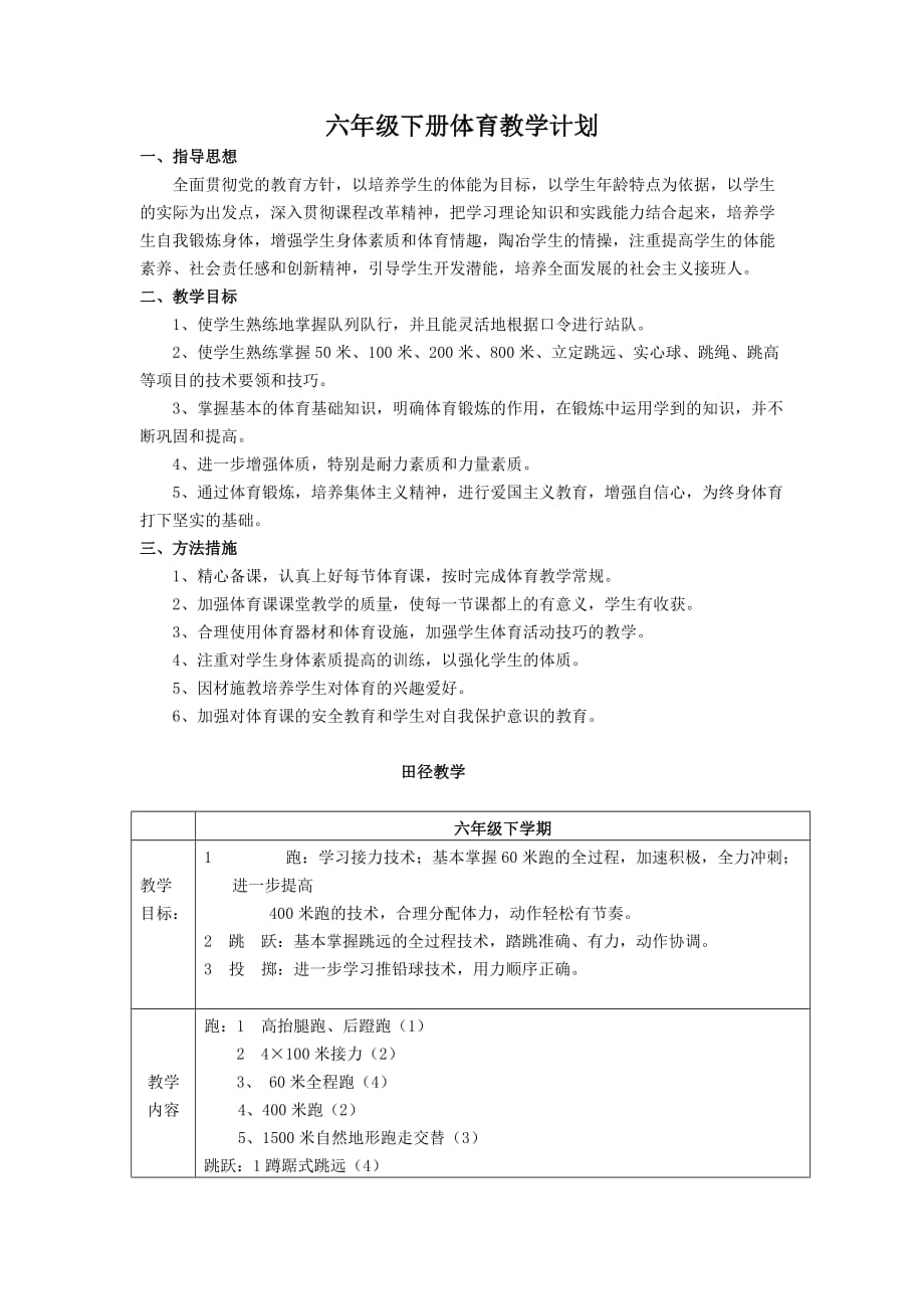 小学六年级下册体育教学计划(总3页)_第1页