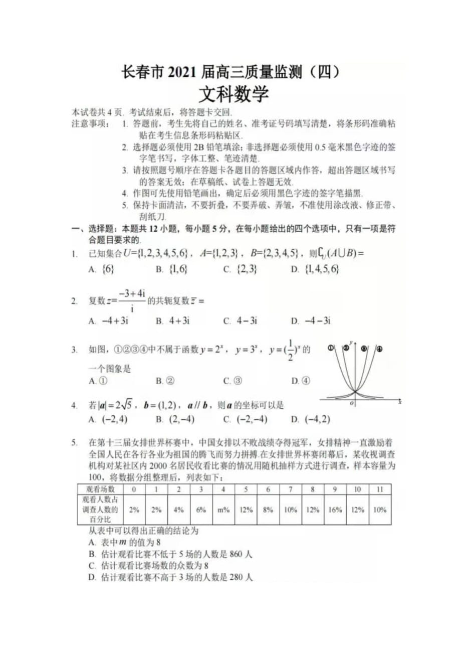 2021届吉林省长春市第四次模拟考试文科数学试题_第1页
