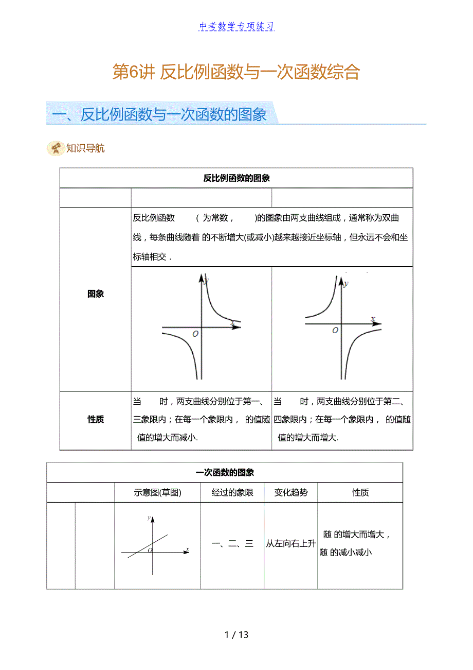 中考数学第6讲 反比例函数与一次函数综合(学生版)_第1页