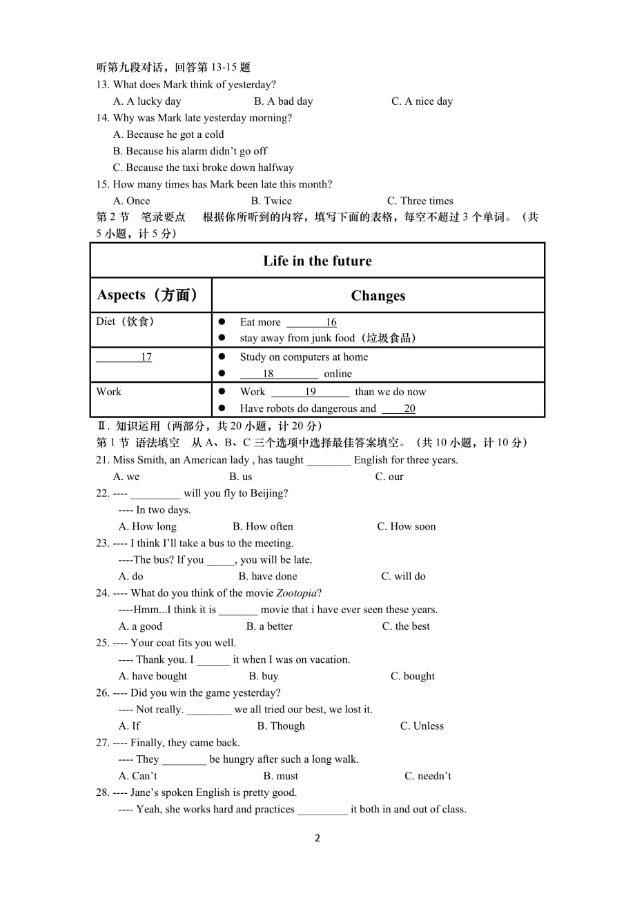 2016年长沙中考英语试卷(总9页)_第2页