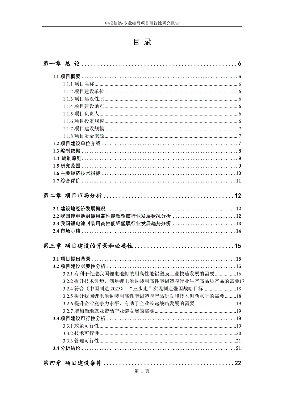 锂电池封装用高性能铝塑膜项目项目可行性研究报告立项备案征地_第2页