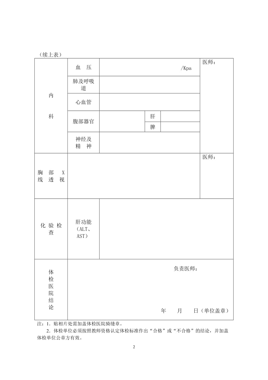 广西壮族自治区申请认定教师资格人员体检表样本_第2页