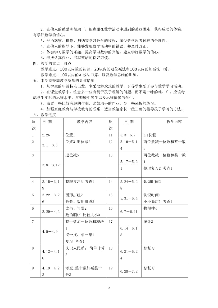 一年级（3）班数学教学计划（下）_第2页