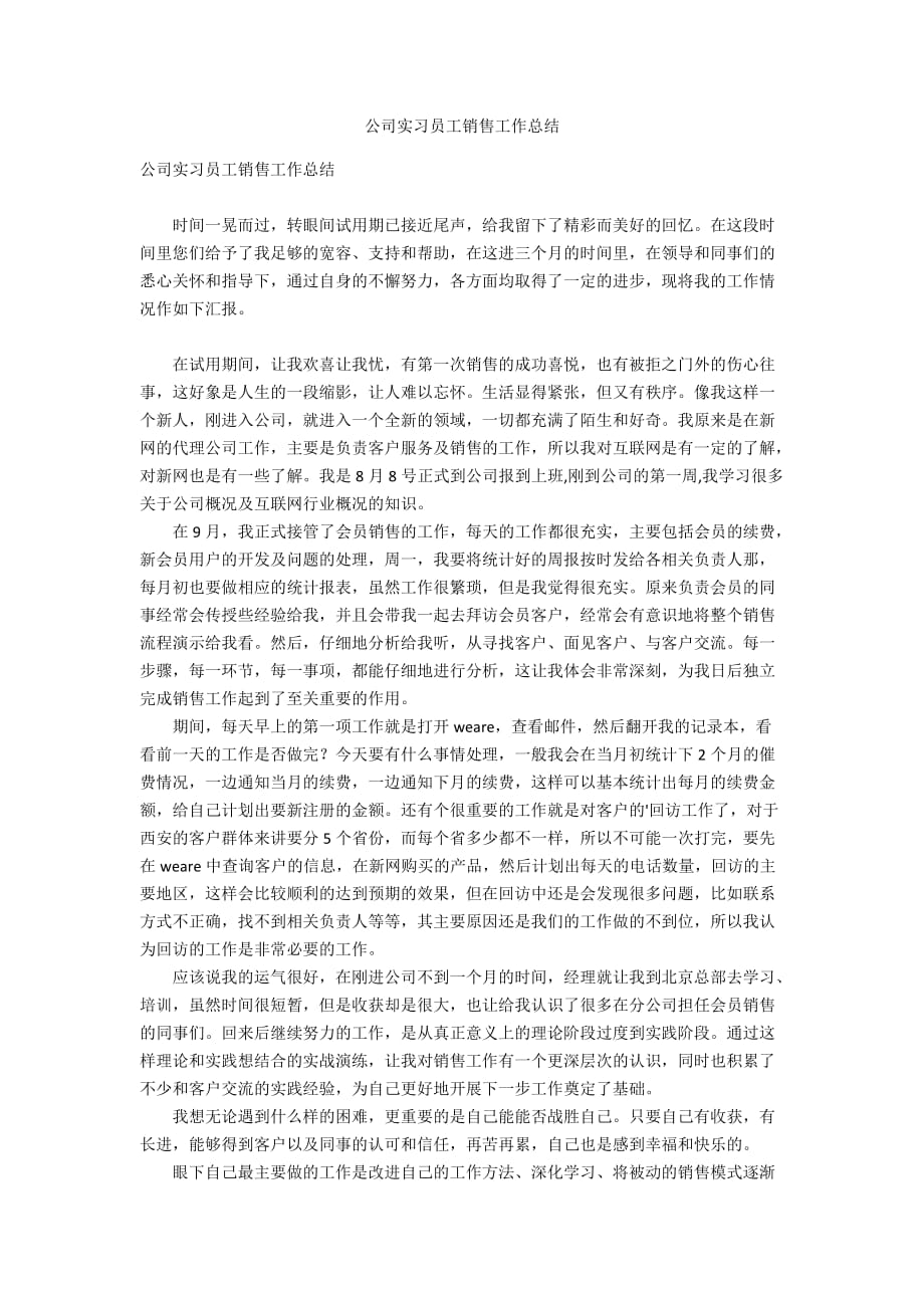 公司实习员工销售工作总结_第1页