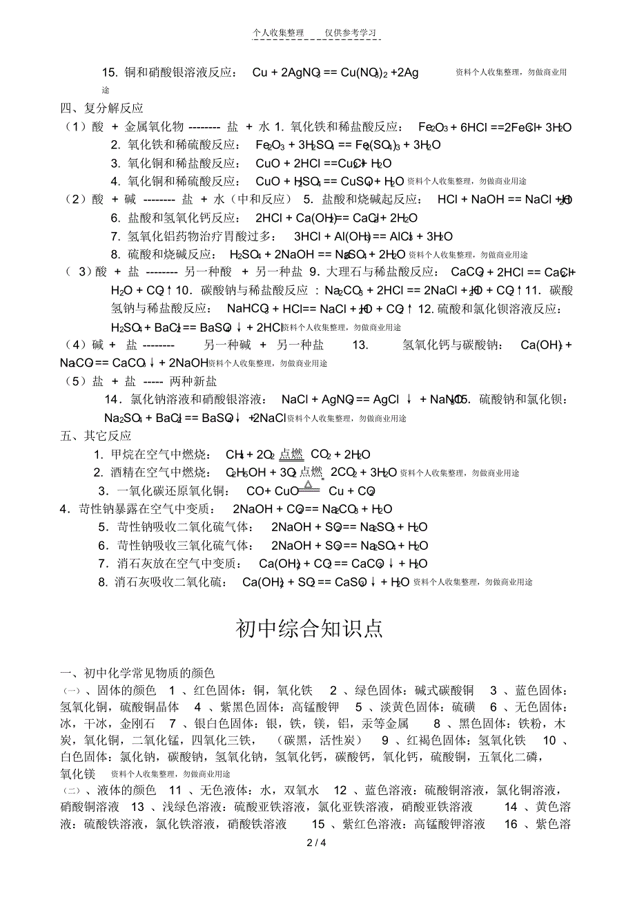 初中化学方程式及知识点归纳_第2页