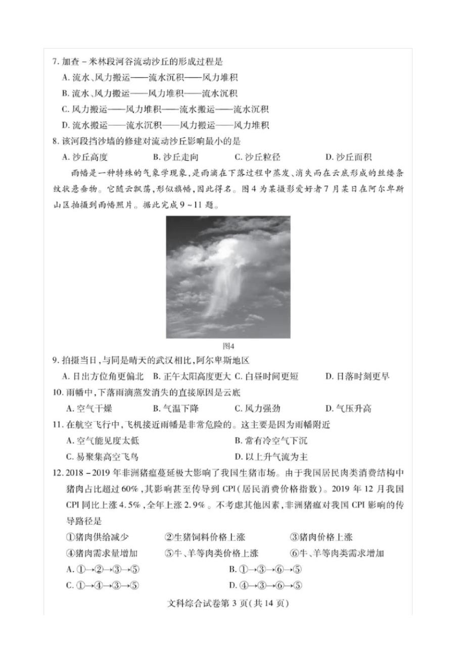 武汉市2020届高中毕业生学习质量检测文综试卷图片版(含答案)_第3页