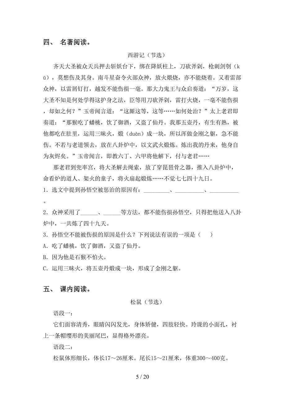 小学五年级下册语文阅读理解专项练习题_第5页