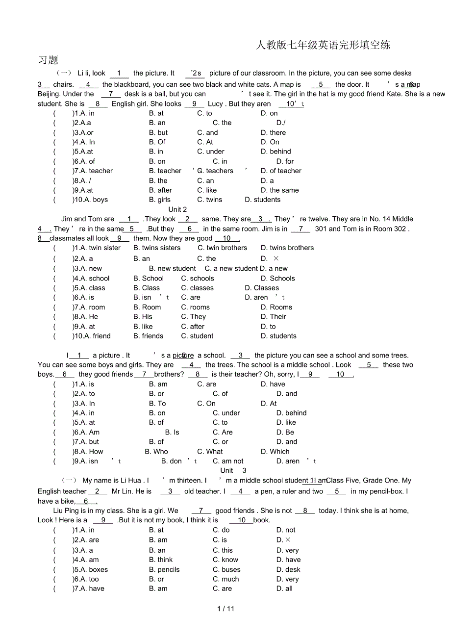 最新人教版七年级英语完形填空练习题_第1页