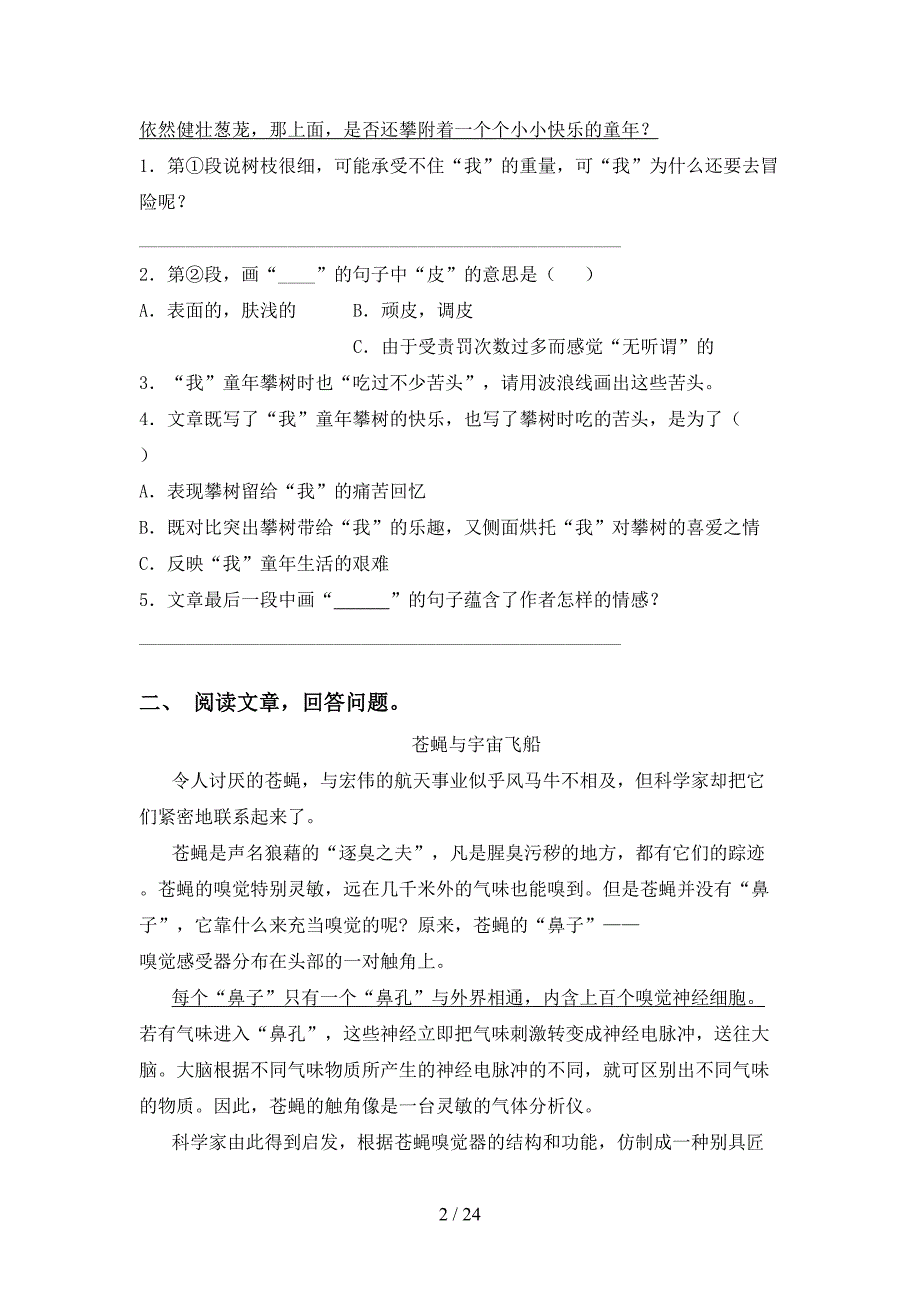 人教版四年级语文下册阅读理解练习_第2页