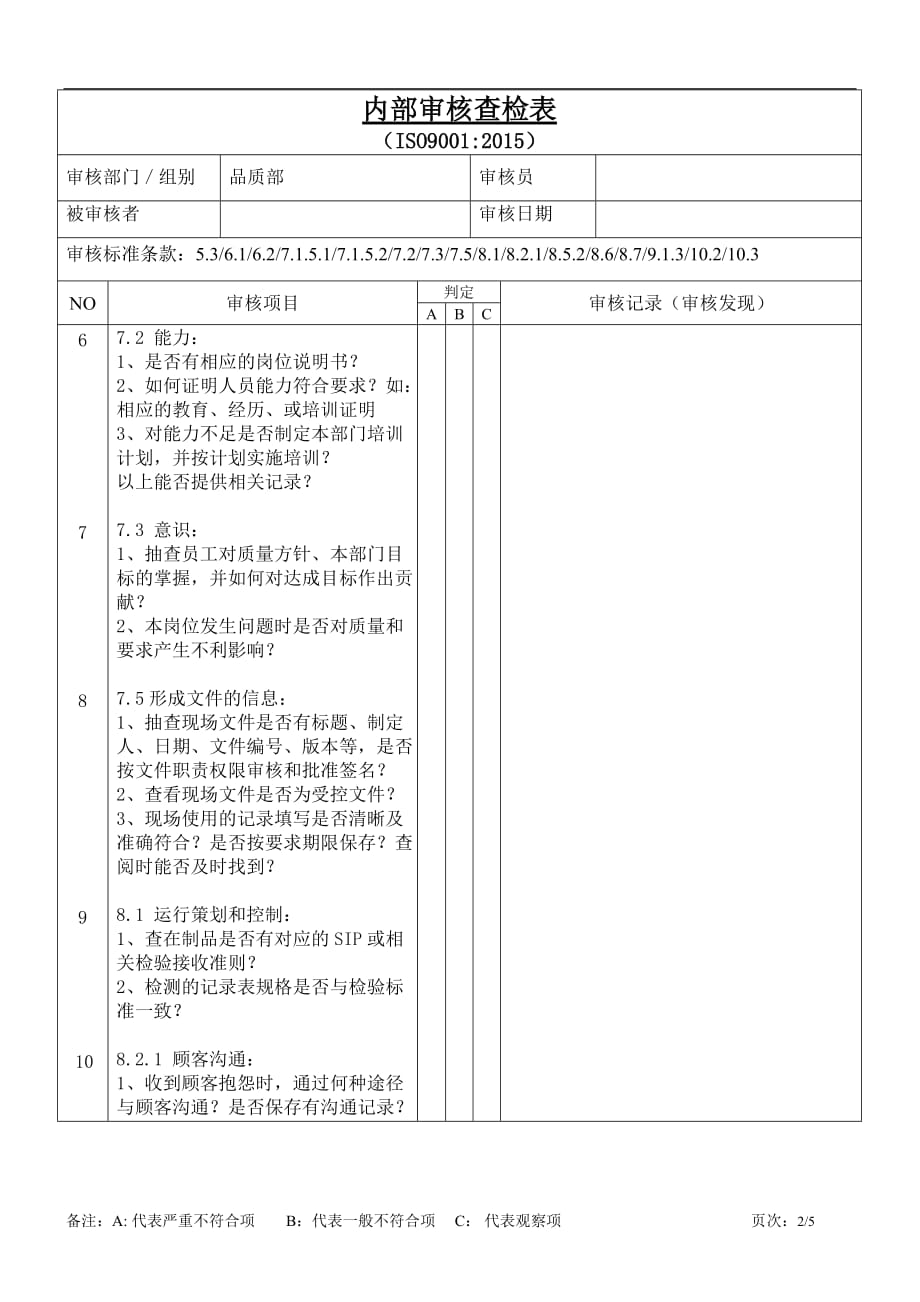 品质部-内部审核查检表_第2页