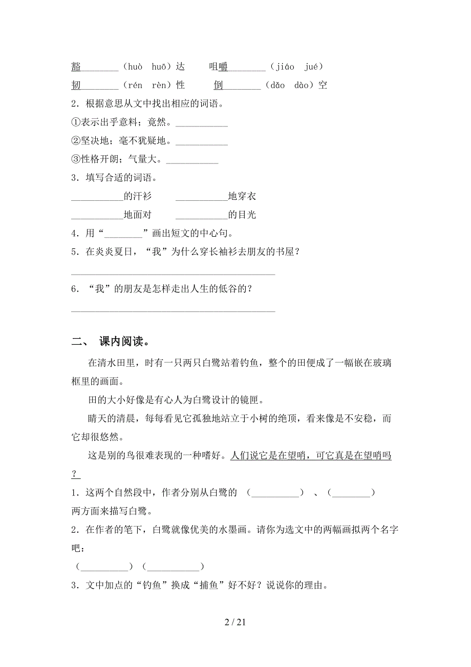 新部编版五年级下册语文阅读理解突破训练及答案_第2页