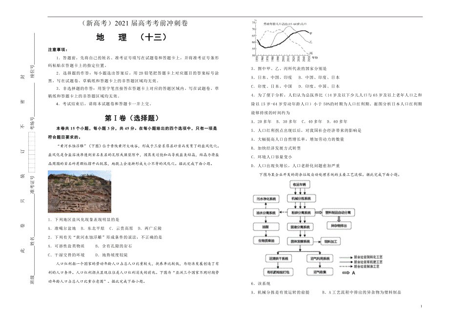 （新高考）2021届高考考前冲刺卷 地理（十三）学生版_第1页