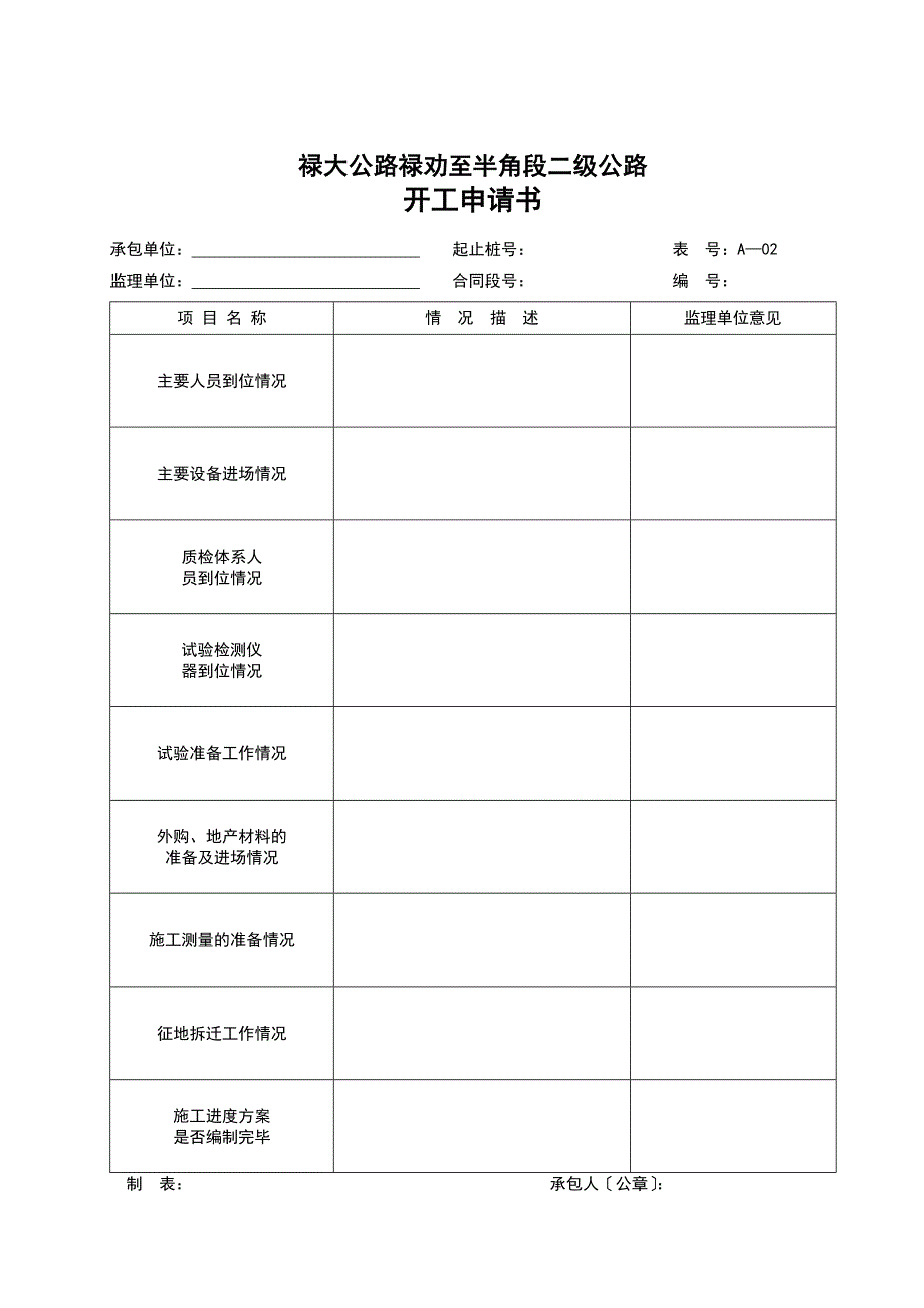 承包人向监理工程师提交施工监理表格（Word版）_第4页