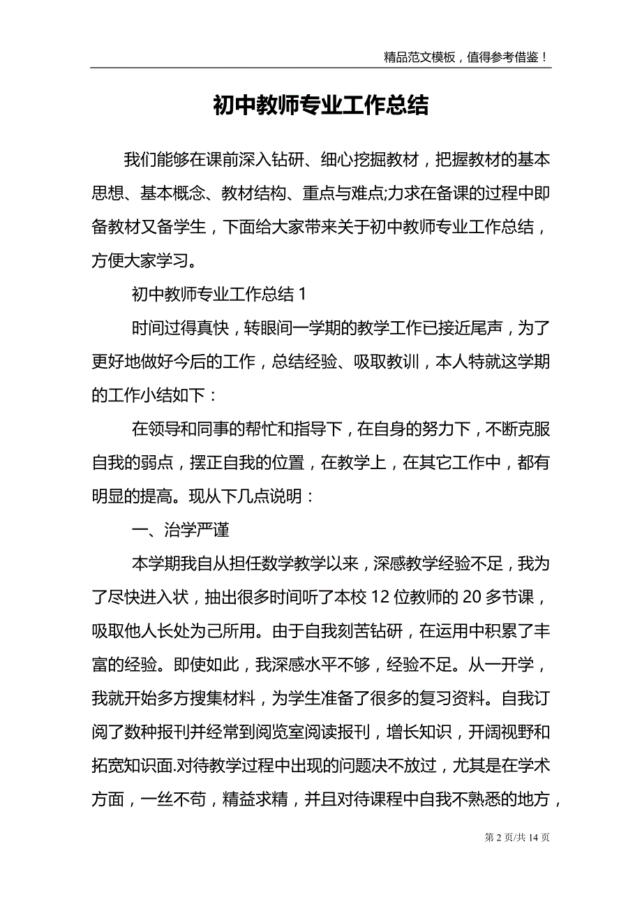 初中教师专业工作总结范文报告_第2页