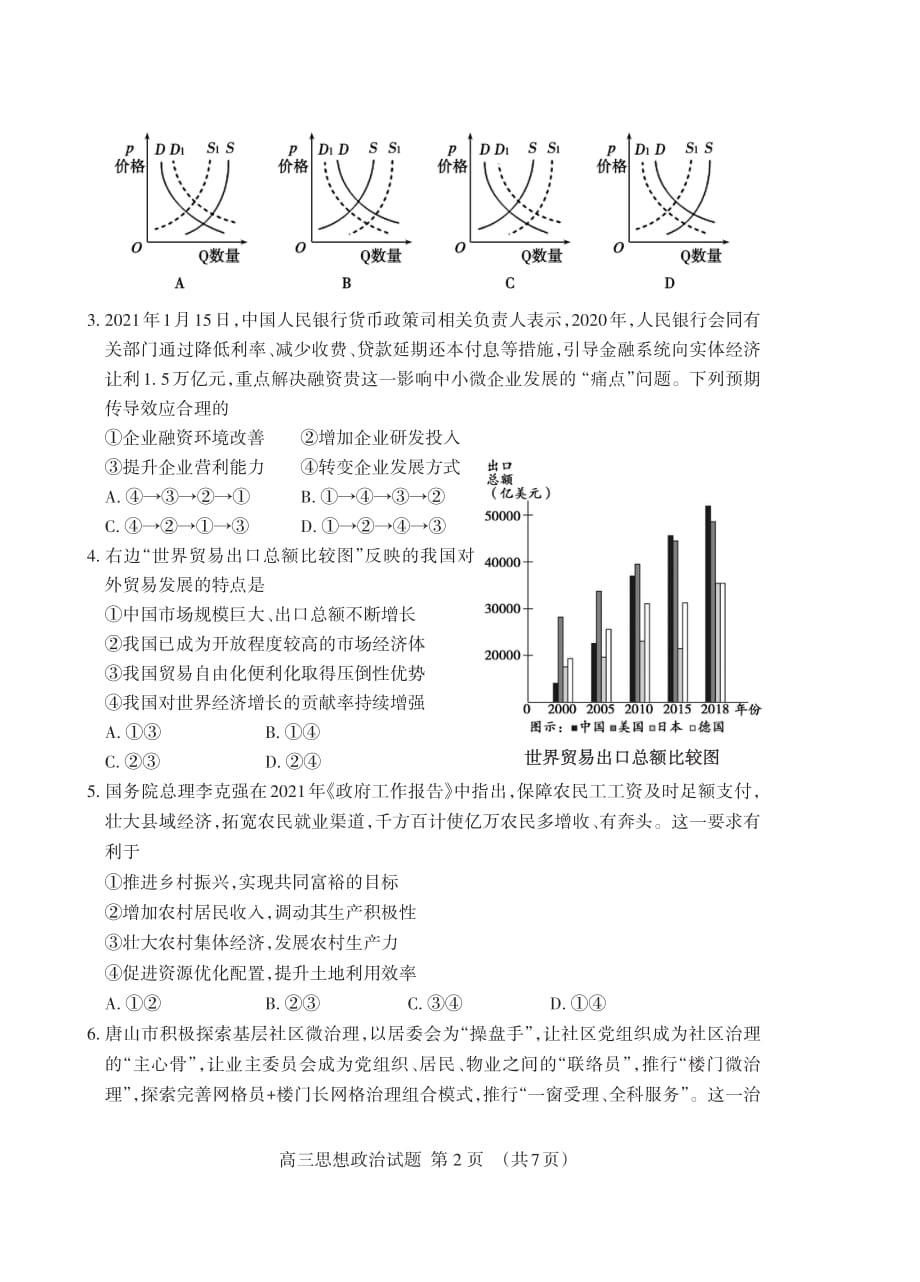 2021届山东省泰安市高考二模政治试题（PDF版）_第2页