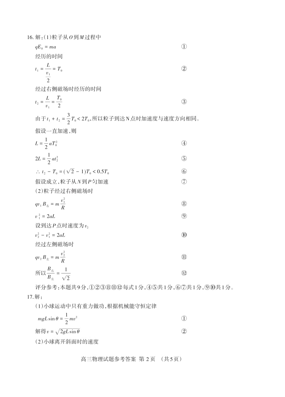 2021届山东省泰安市高考二模物理试题答案_第2页