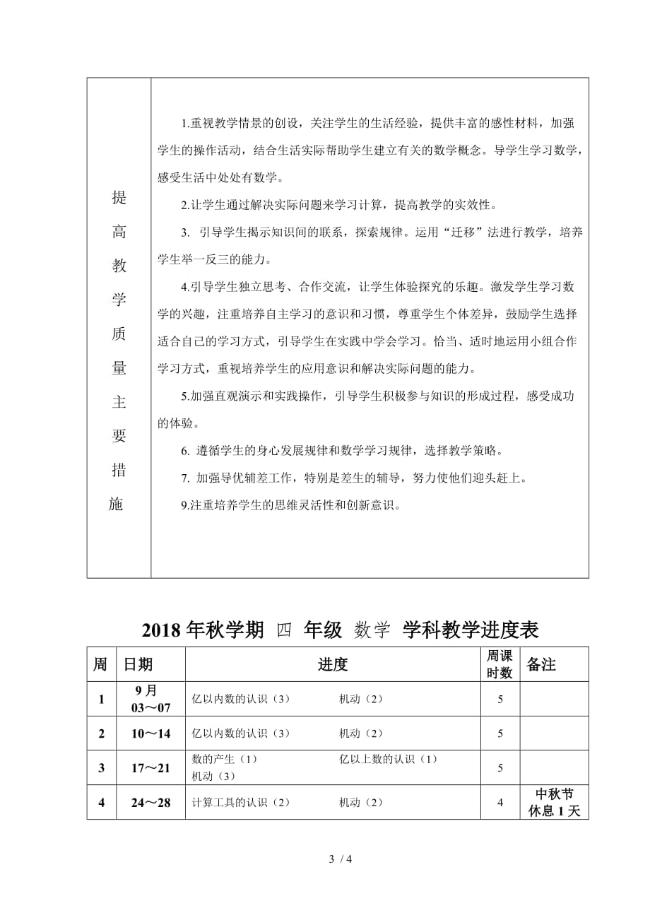 人教版四年级数学上册教学具体计划教学进度表_第3页