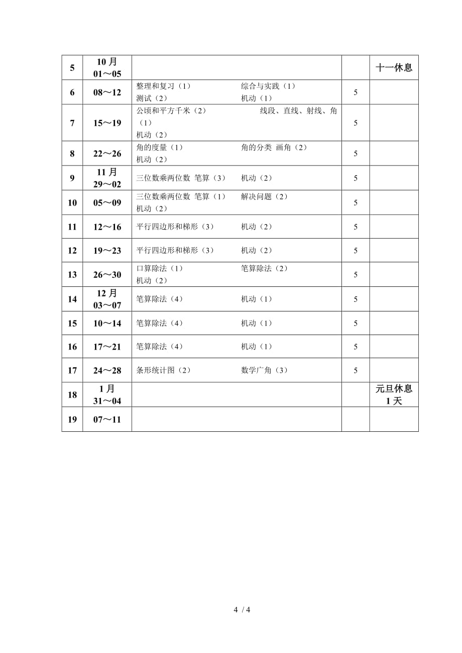 人教版四年级数学上册教学具体计划教学进度表_第4页