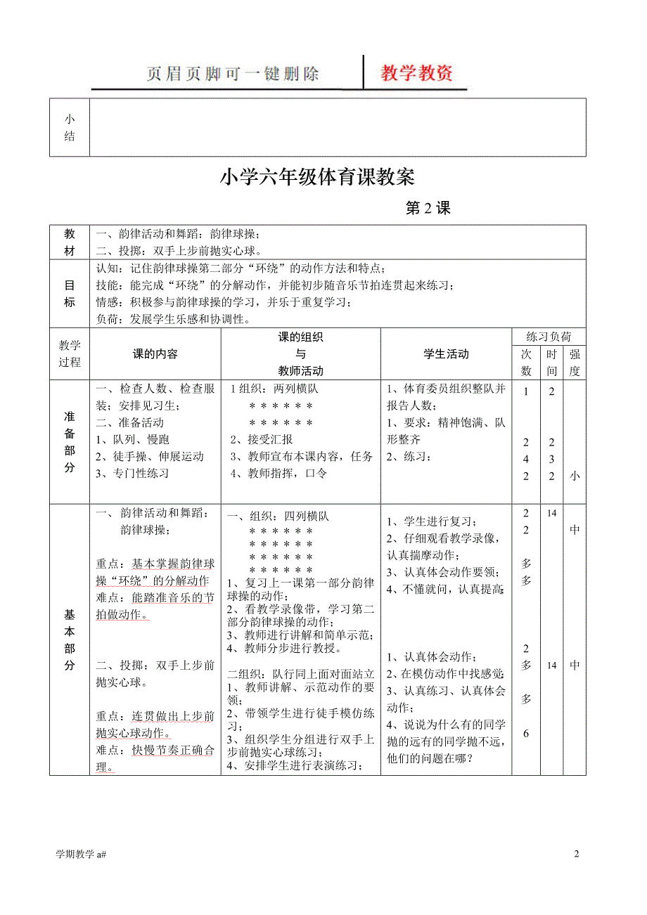 小学六年级下册体育课教案【谷风教育】_第2页