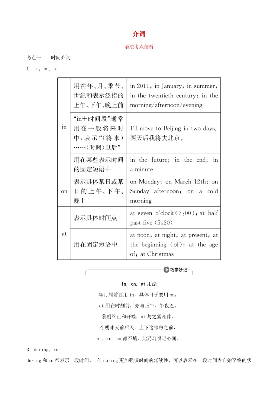 山东省滨州市2021年中考英语语法专项复习语法二介词语法考点剖析_第1页