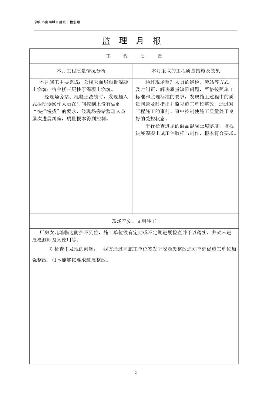 狮山镇沙头村民委员会（谈广达）厂办公楼、宿舍楼、车间工程监理月报（word版）_第3页