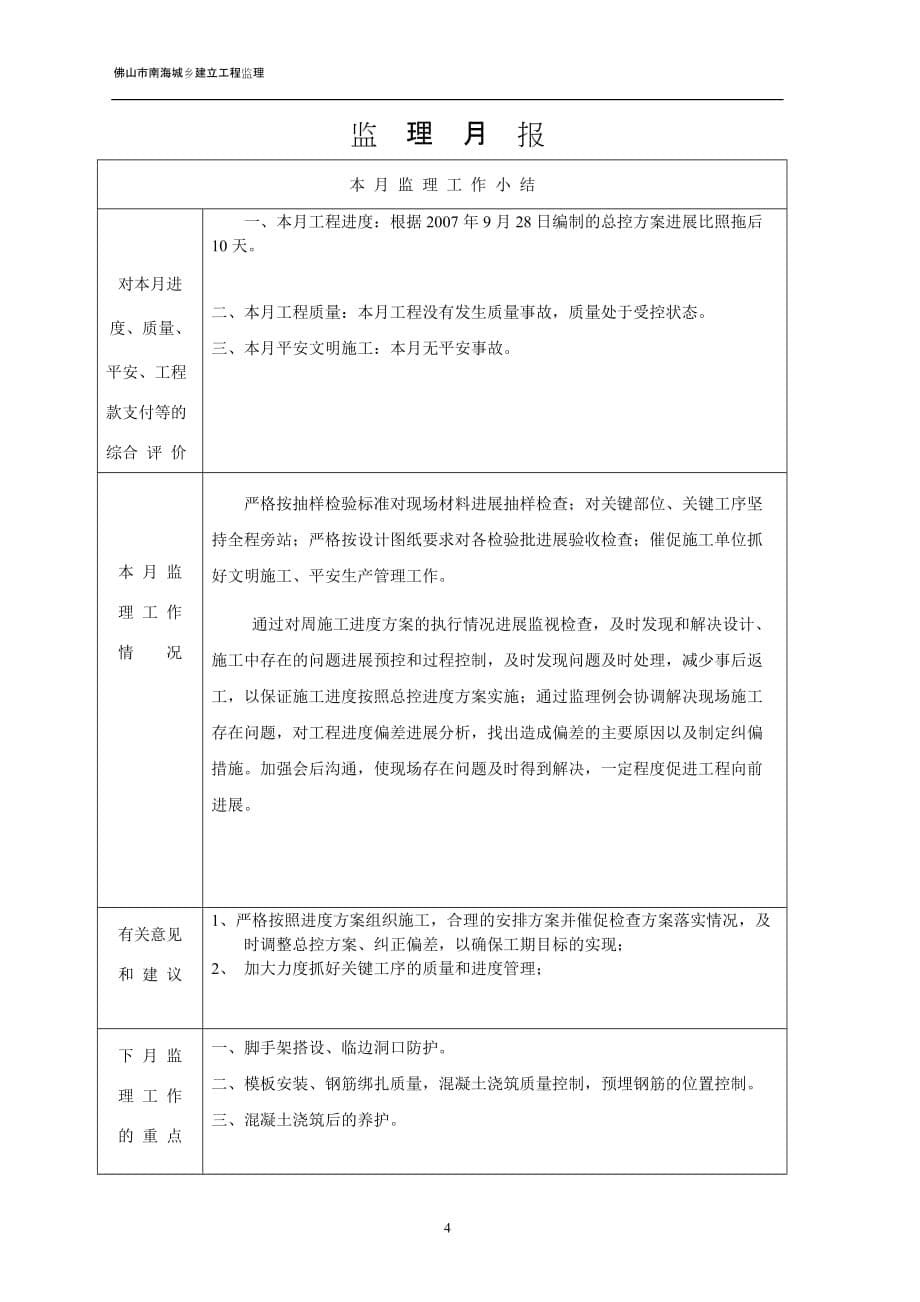 狮山镇沙头村民委员会（谈广达）厂办公楼、宿舍楼、车间工程监理月报（word版）_第5页