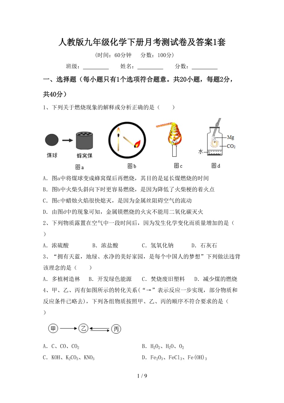 人教版九年级化学下册月考测试卷及答案1套_第1页