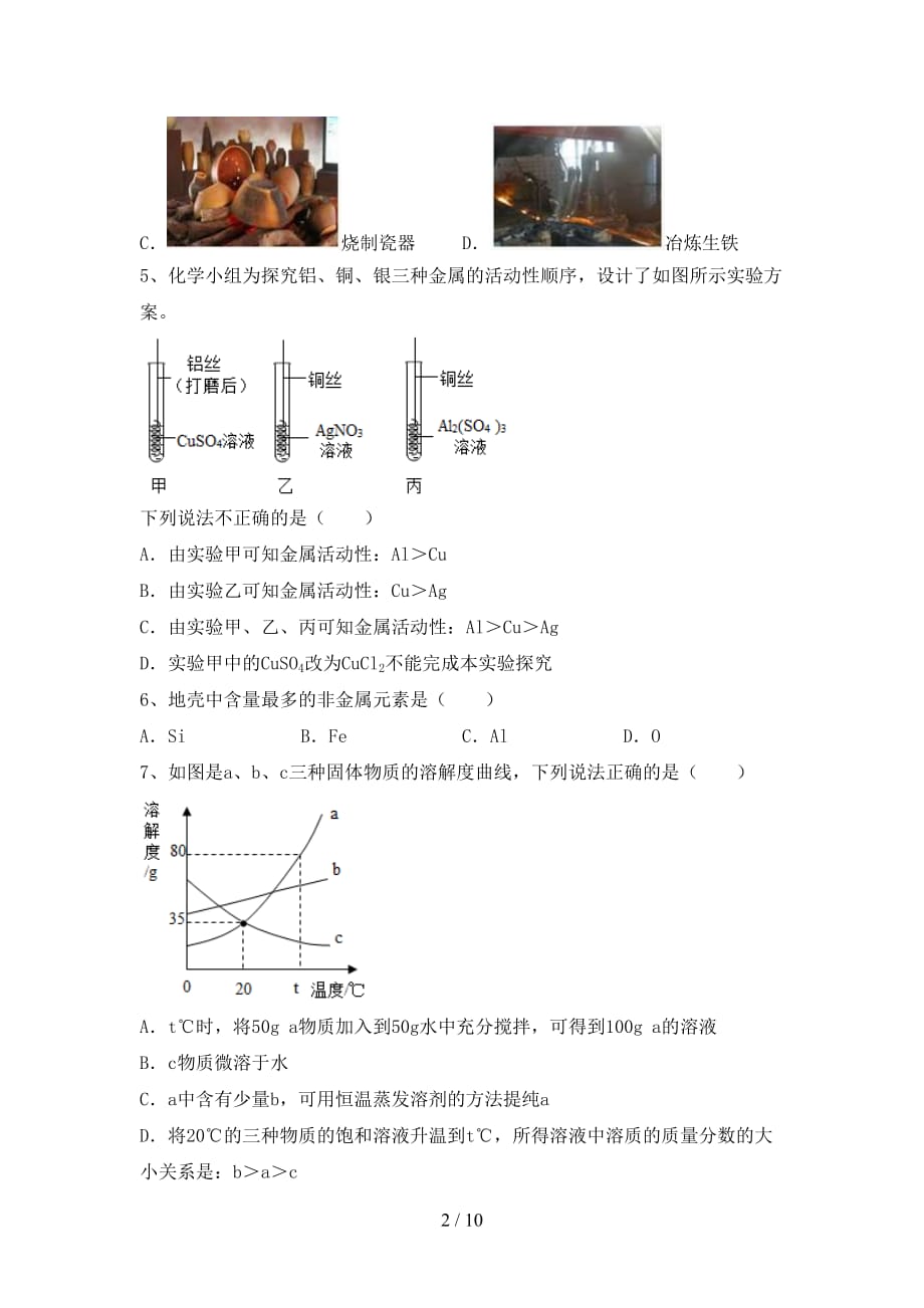 九年级化学下册月考试卷（及参考答案)_第2页