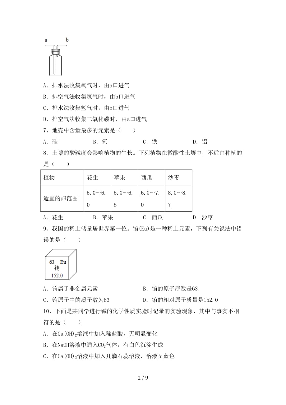 人教版2021年九年级化学下册月考考试题及答案_第2页