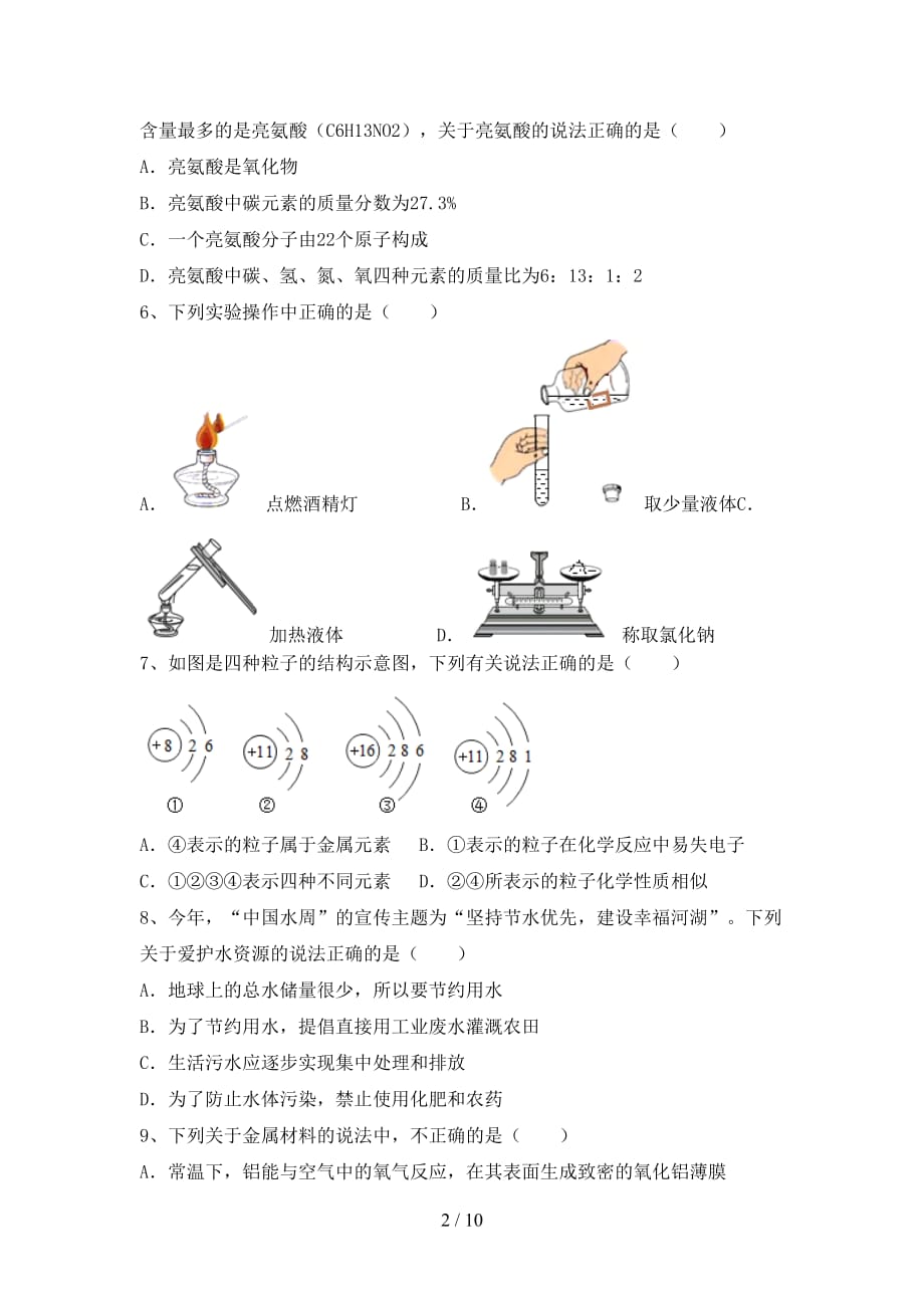 人教版九年级化学下册月考考试（可打印）_第2页