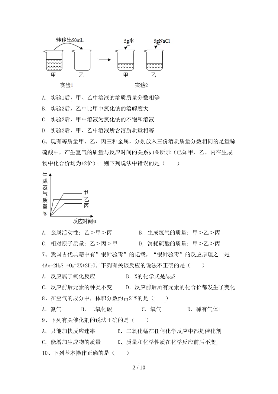 人教版2021年九年级化学下册月考测试卷（审定版）_第2页