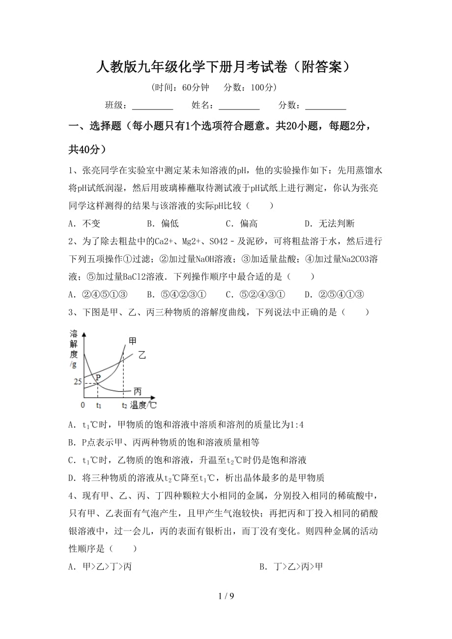 人教版九年级化学下册月考试卷（附答案）_第1页