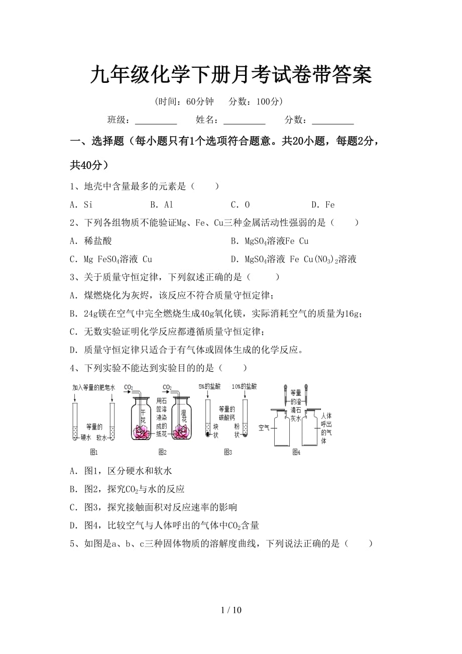 九年级化学下册月考试卷带答案_第1页