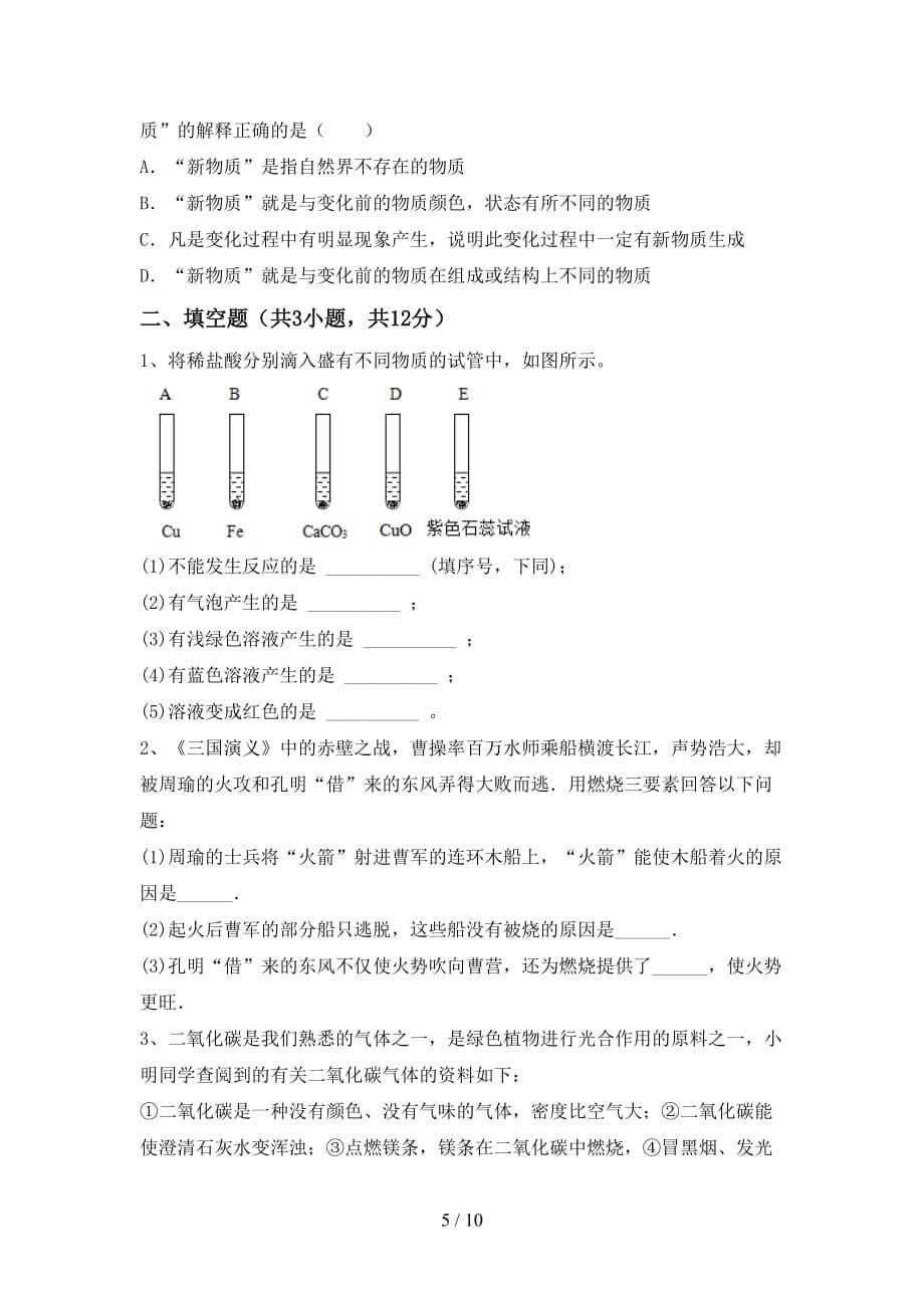 人教版2021年九年级化学下册月考考试卷_第5页