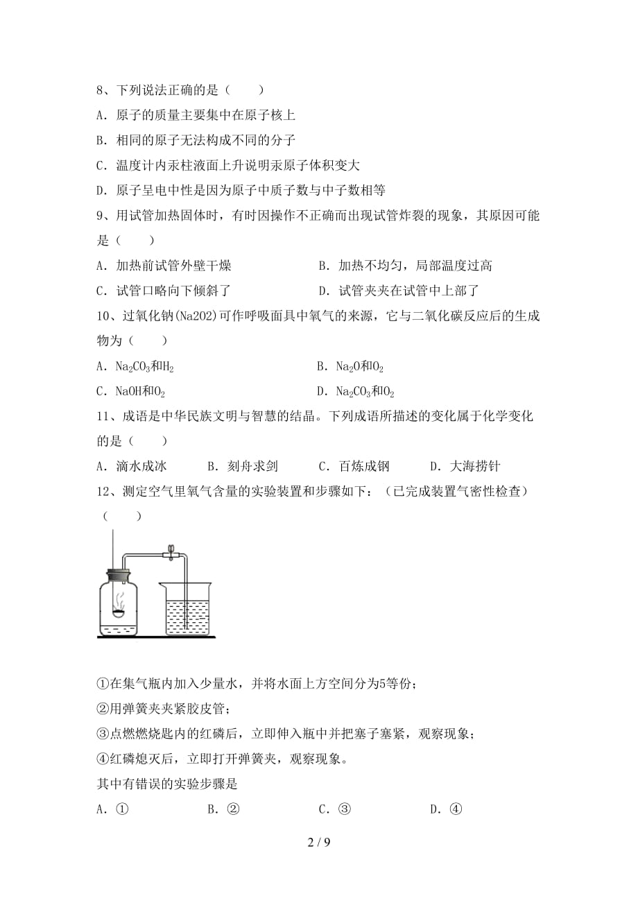 人教部编版九年级化学下册月考模拟考试(及答案)_第2页