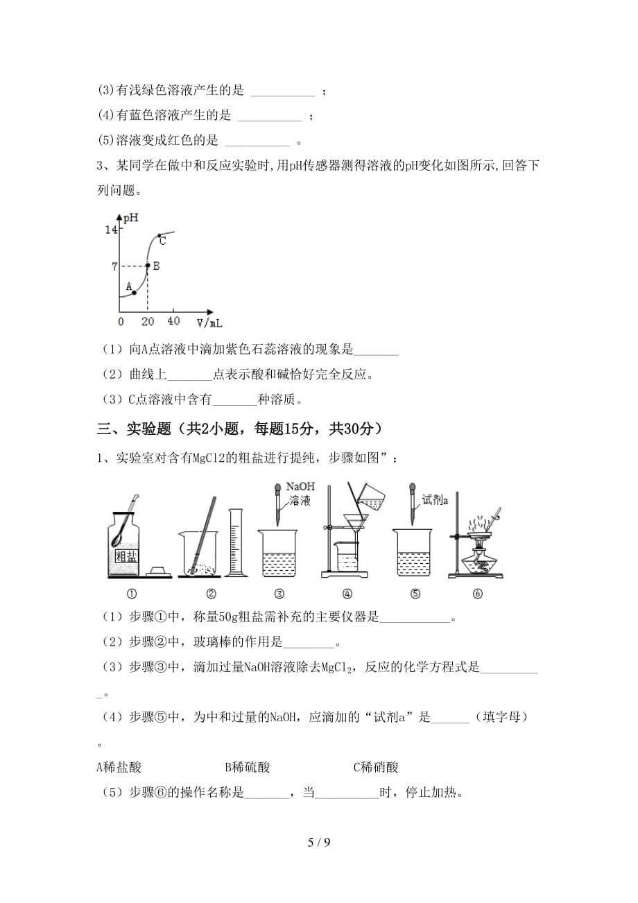 人教部编版九年级化学下册月考模拟考试(及答案)_第5页