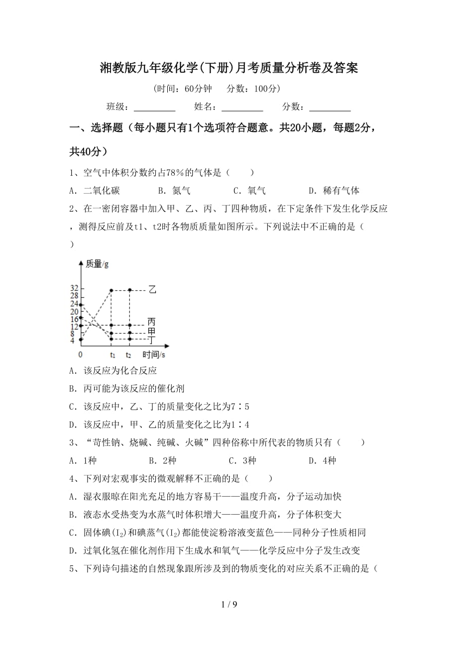湘教版九年级化学(下册)月考质量分析卷及答案_第1页