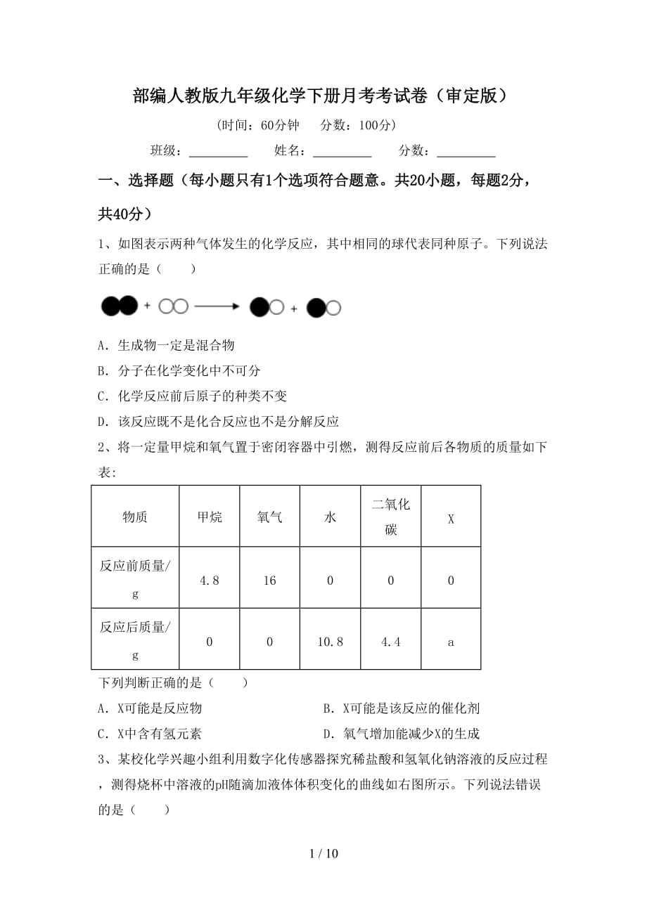 部编人教版九年级化学下册月考考试卷（审定版）_第1页