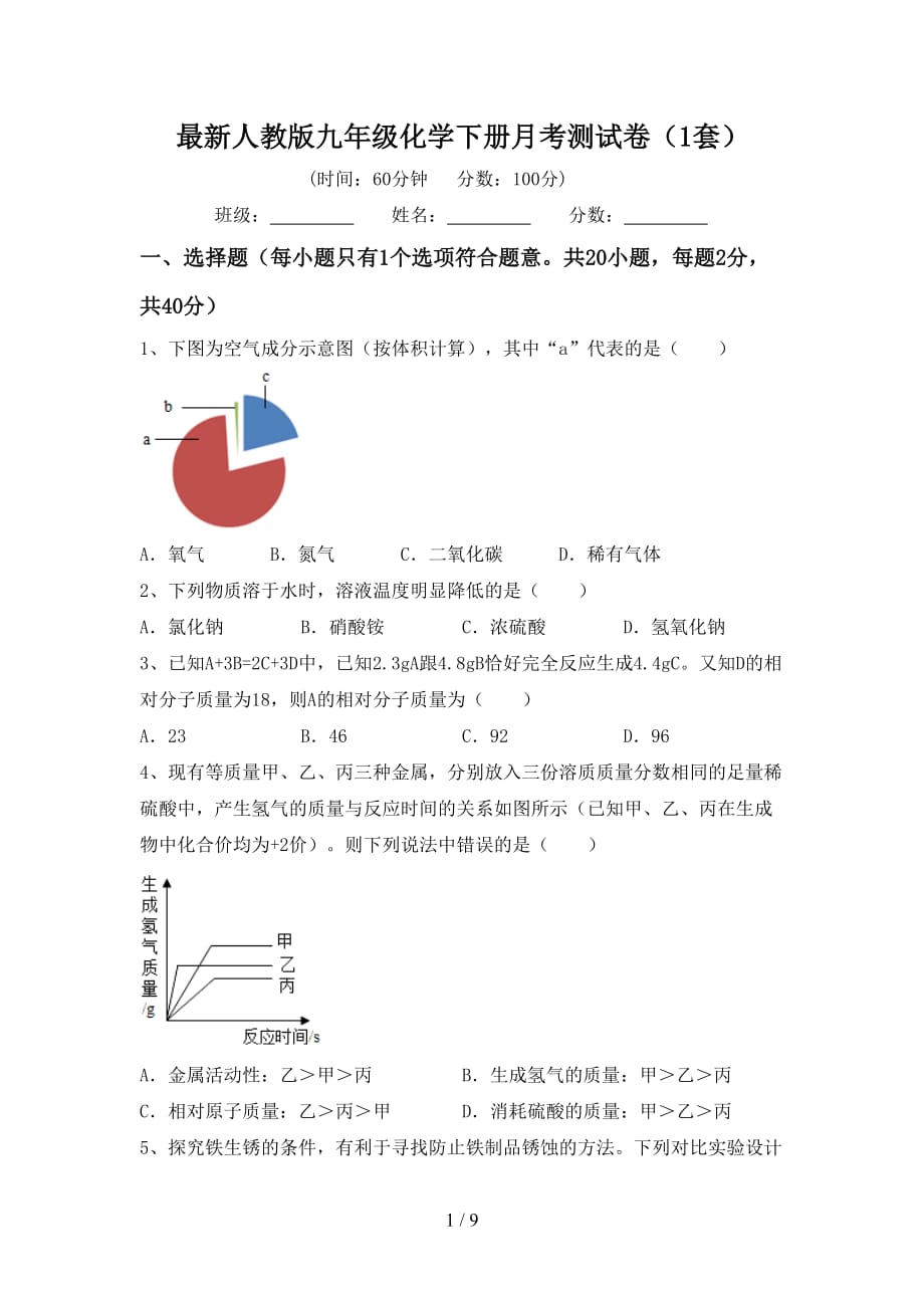 最新人教版九年级化学下册月考测试卷（1套）_第1页