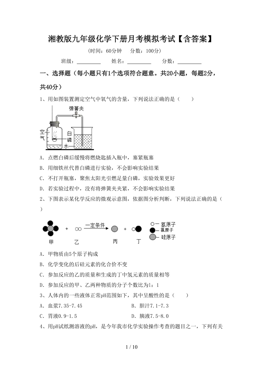 湘教版九年级化学下册月考模拟考试【含答案】_第1页