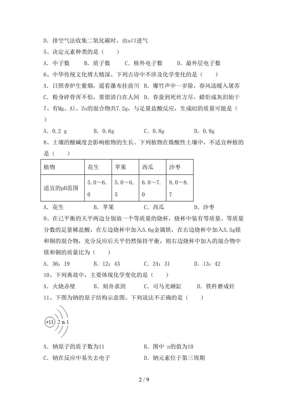 湘教版九年级化学下册月考考试卷（A4版）_第2页