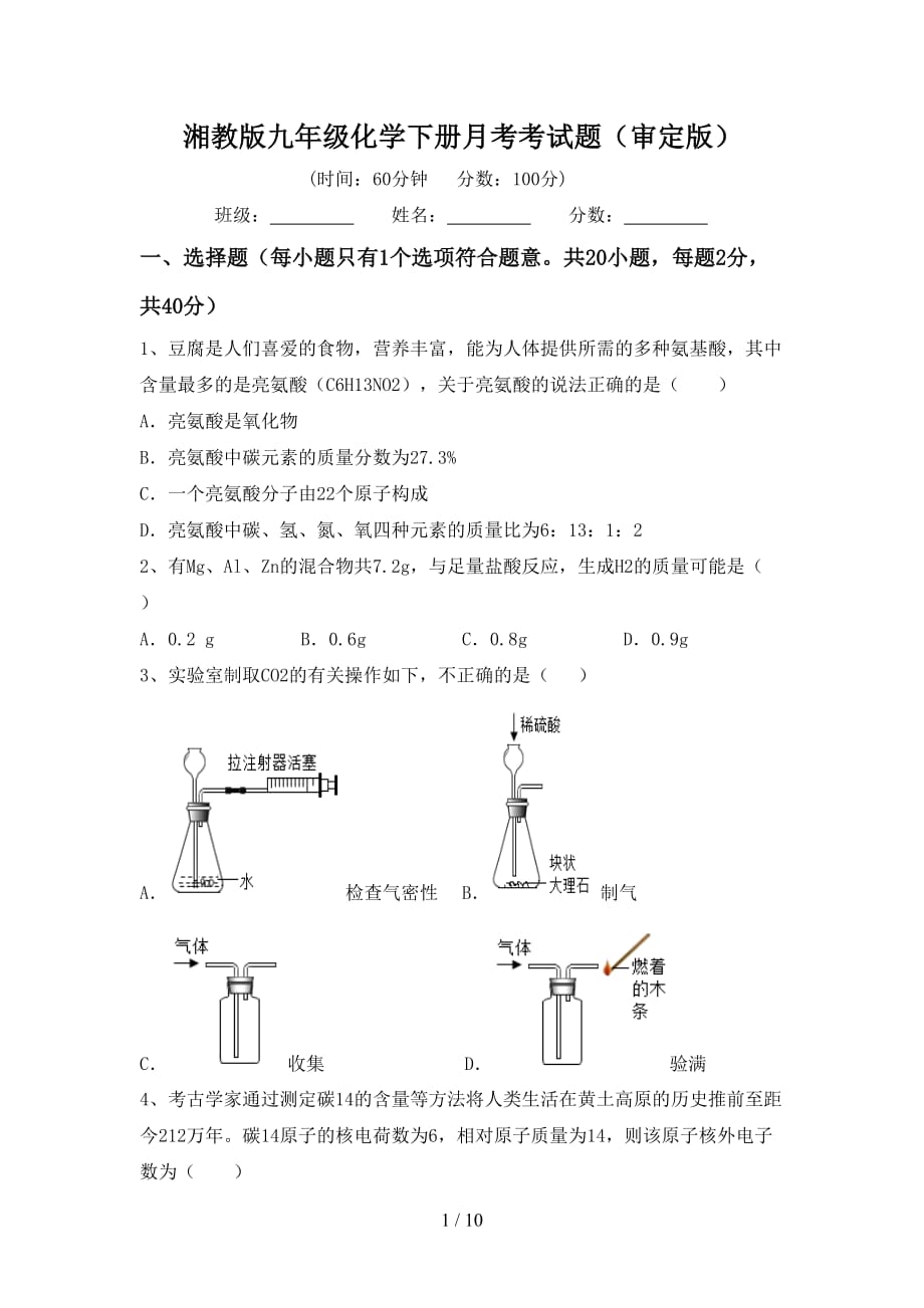 湘教版九年级化学下册月考考试题（审定版）_第1页