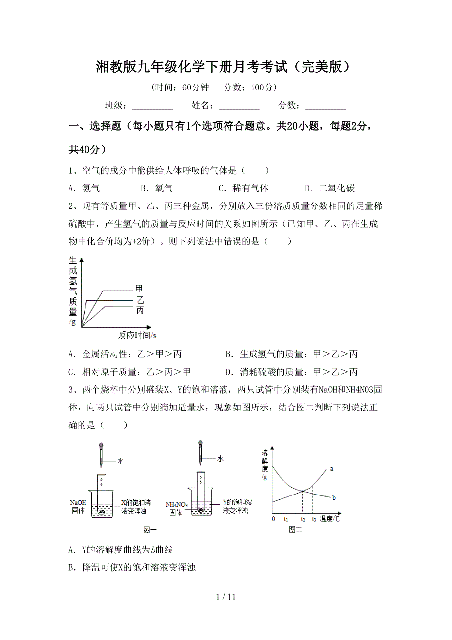 湘教版九年级化学下册月考考试（完美版）_第1页