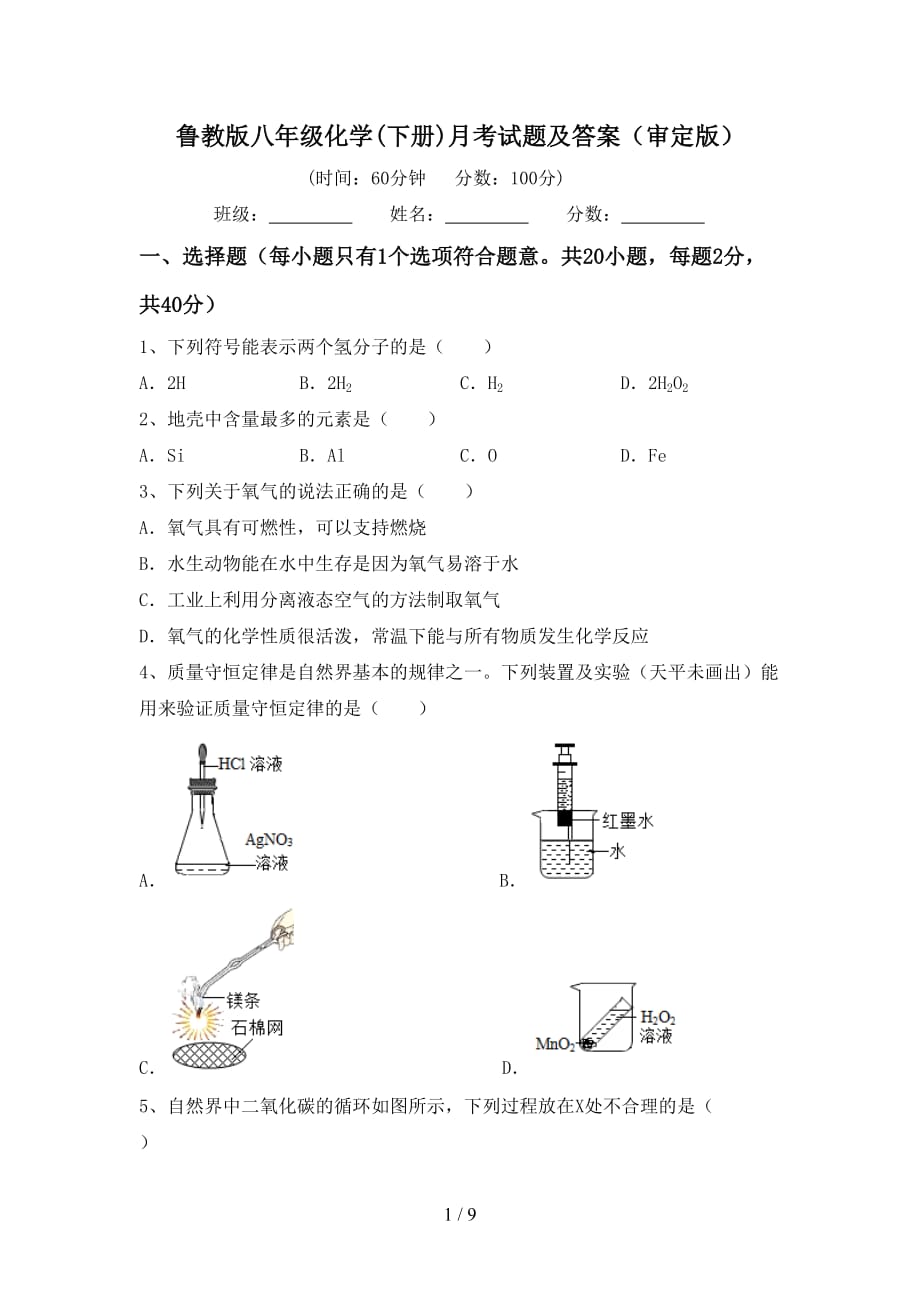 鲁教版八年级化学(下册)月考试题及答案（审定版）_第1页