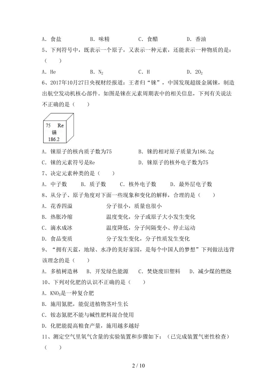 沪教版九年级化学下册月考考试卷（审定版）_第2页